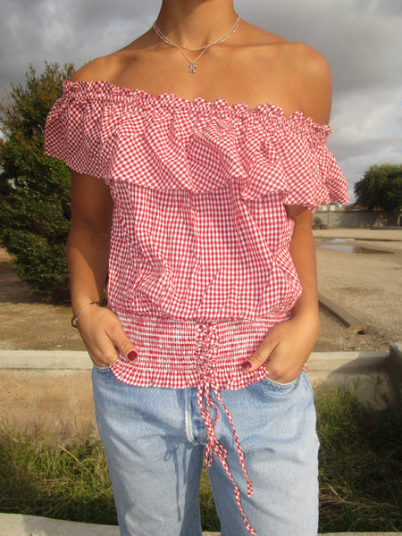 90s-Y2K Red Gingham “American Rag” Ruffle Top.