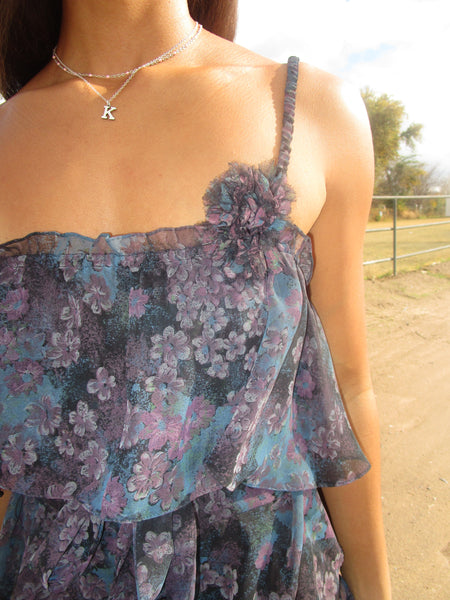 60s Dark Floral Ruffle Maxi Dress.