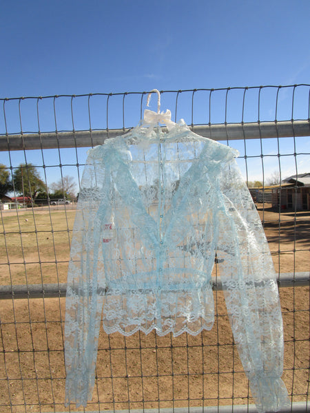 70s-80s “Vicky Vaughn” Blue Lace Button-Up Blouse