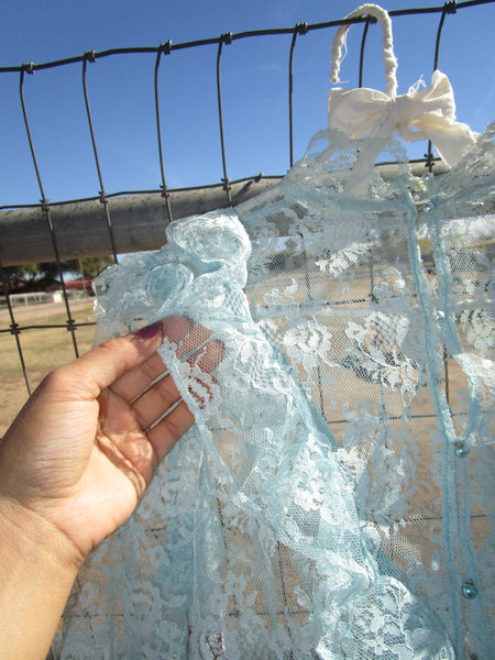 70s-80s “Vicky Vaughn” Blue Lace Button-Up Blouse