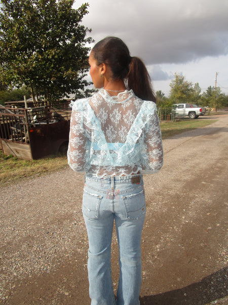 70s-80s “Vicky Vaughn” Blue Lace Button-Up Blouse