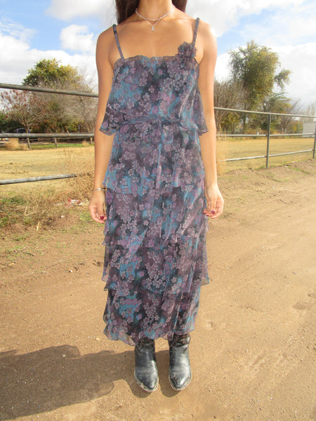 60s Dark Floral Ruffle Maxi Dress.