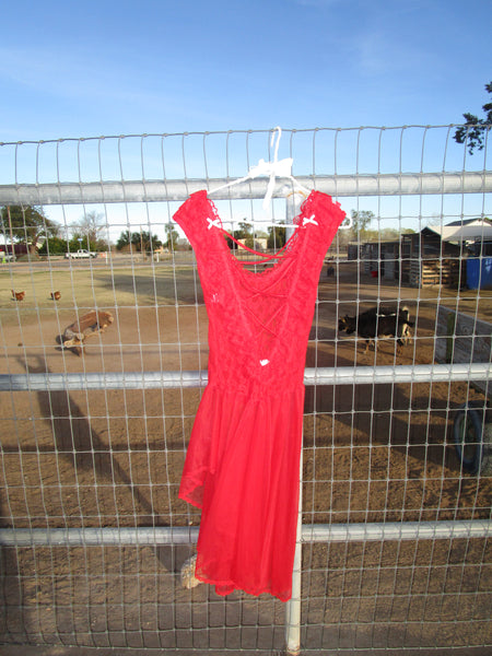 80s Cherry Red Nylon Lace Slip