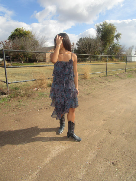 60s Dark Floral Ruffle Maxi Dress.