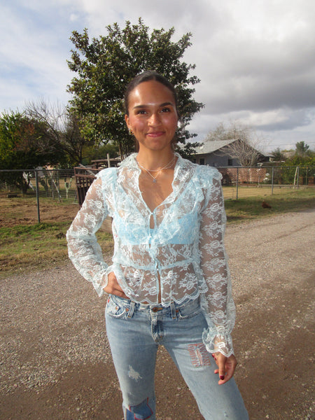 70s-80s “Vicky Vaughn” Blue Lace Button-Up Blouse