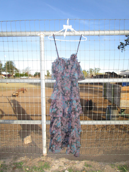 60s Dark Floral Ruffle Maxi Dress.