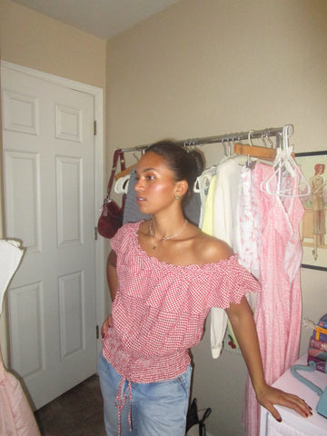 90s-Y2K Red Gingham “American Rag” Ruffle Top.