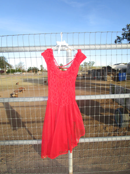 80s Cherry Red Nylon Lace Slip