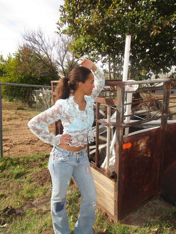 70s-80s “Vicky Vaughn” Blue Lace Button-Up Blouse