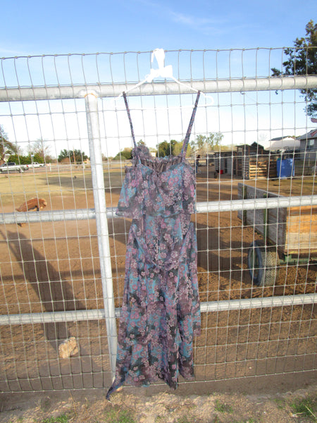 60s Dark Floral Ruffle Maxi Dress.