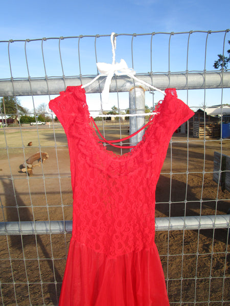 80s Cherry Red Nylon Lace Slip