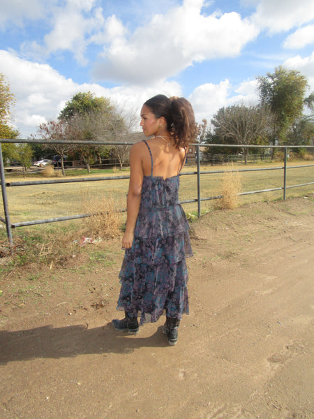 60s Dark Floral Ruffle Maxi Dress.