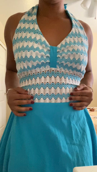 60s-70s Teal & White Halter Dress