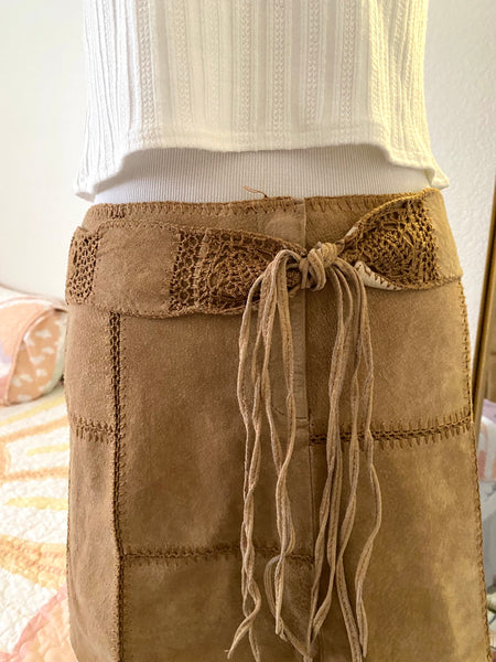 Tan Patch Suede Mini Skirt.