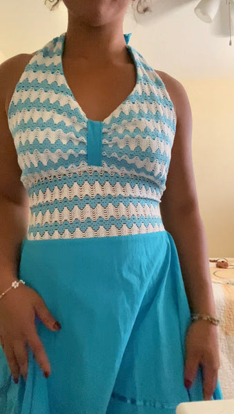 60s-70s Teal & White Halter Dress