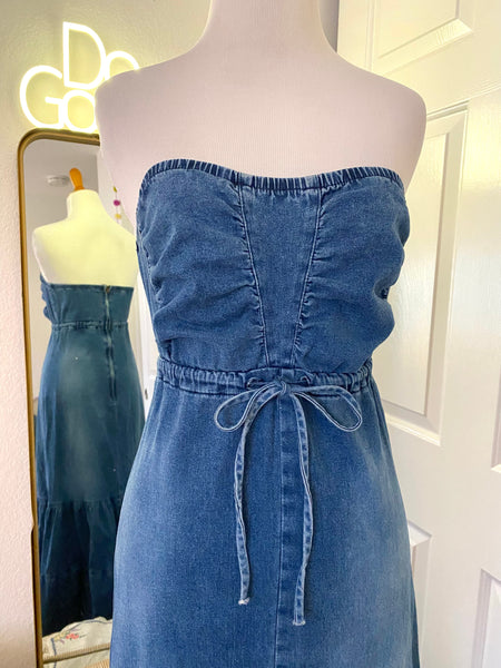 Strapless Denim Ruffle Maxi Dress.