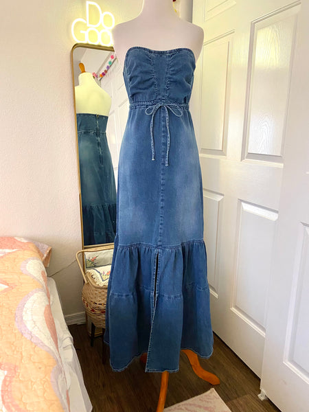 Strapless Denim Ruffle Maxi Dress.