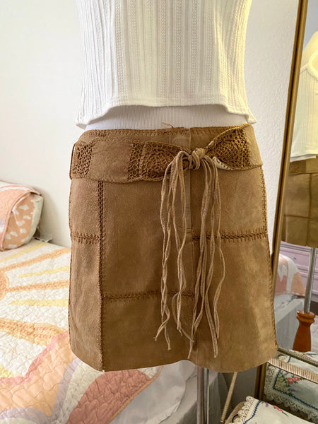 Tan Patch Suede Mini Skirt.