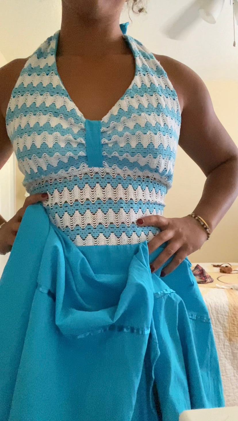 60s-70s Teal & White Halter Dress