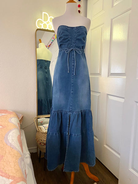 Strapless Denim Ruffle Maxi Dress.